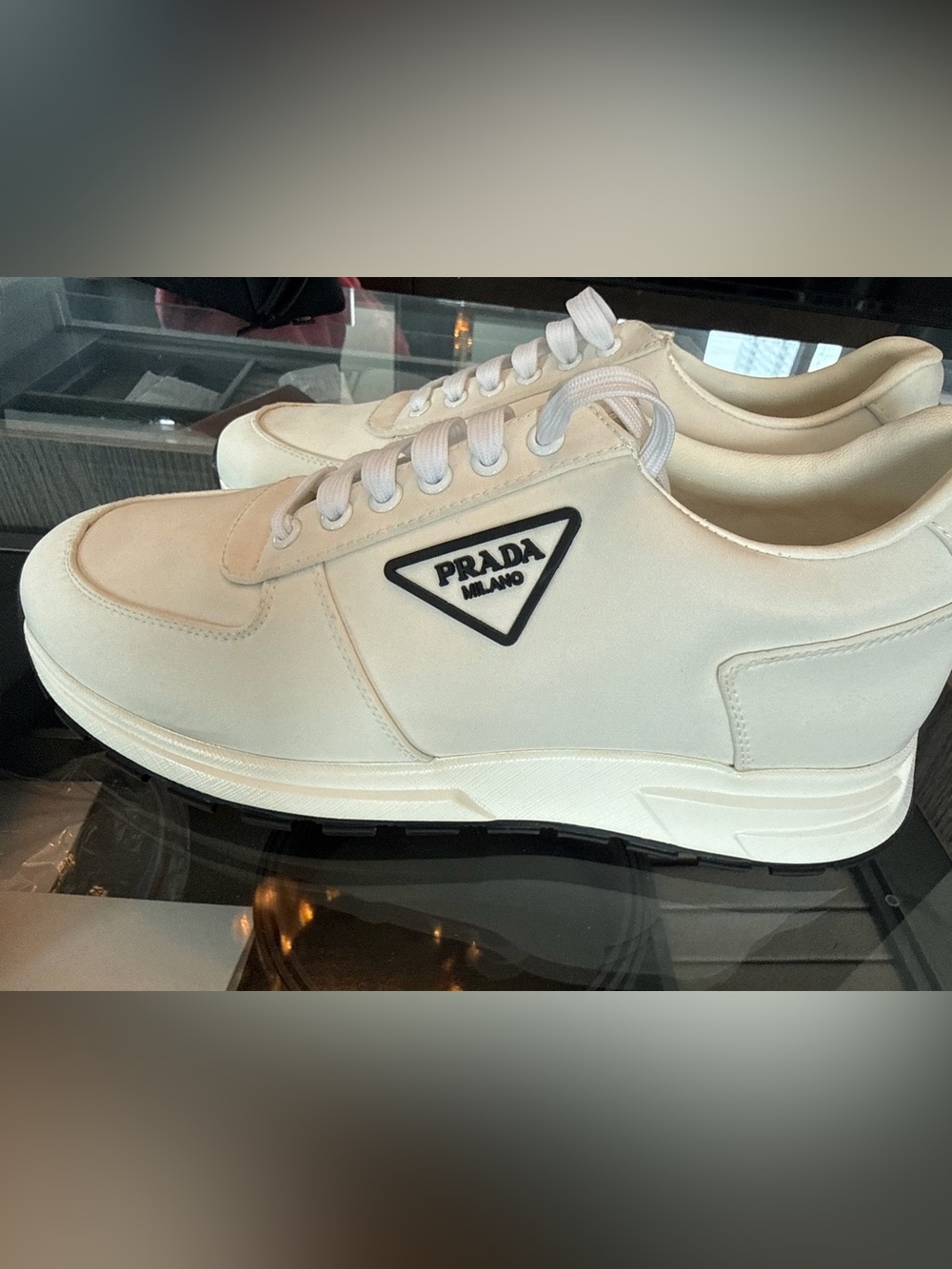 Prada Cream & Black Triangle-Logo Low-Top Sneaker